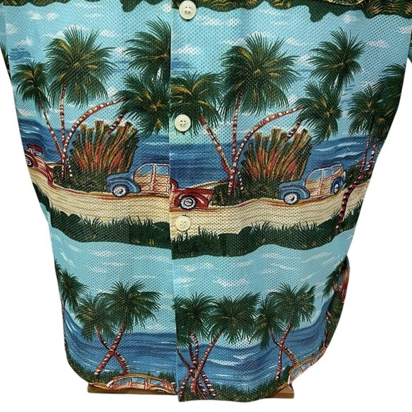 Vintage Ocean Current Hawaiian Shirt Mens XL Old Cars Palm Trees Beach Scene - Picture 3 of 8
